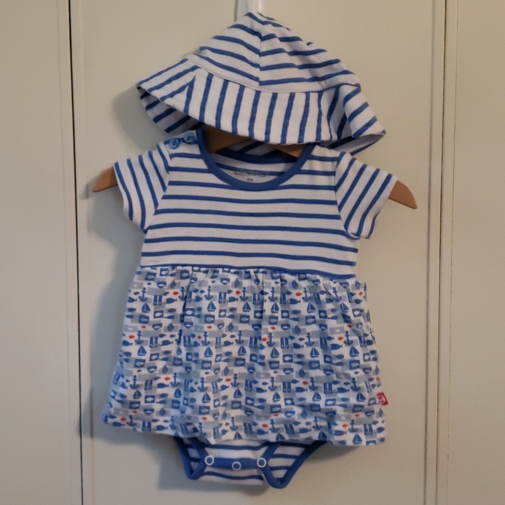 Nautical print skirted onesie with hat size 6M